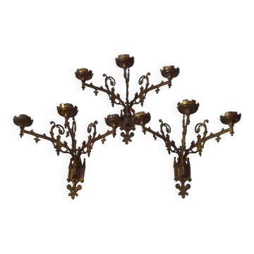 Elegant Set of Three French Gothic Revival Gilt Bronze Church Wall Sconces