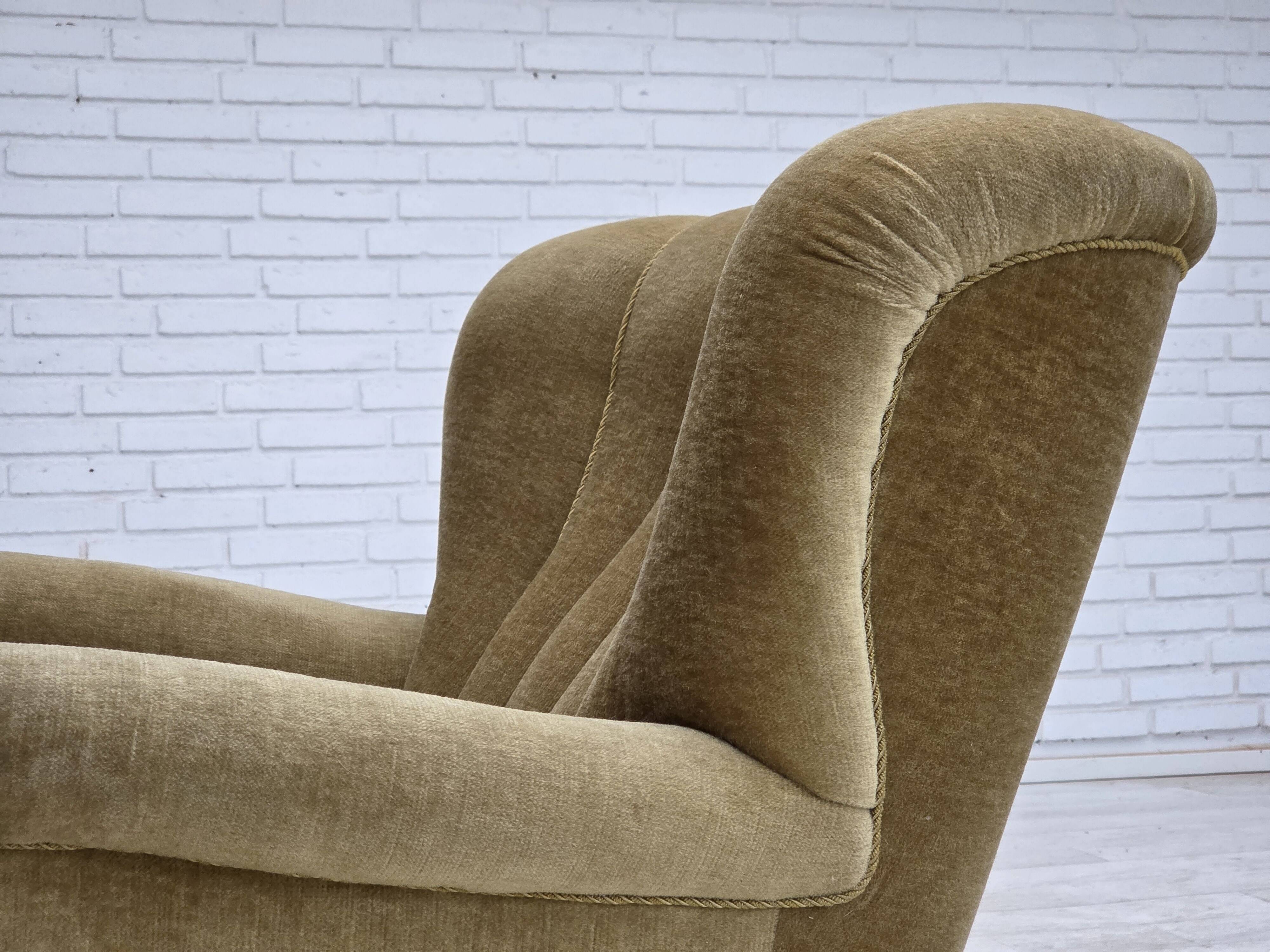 1960s, Danish armchair, green furniture velour, oak wood.