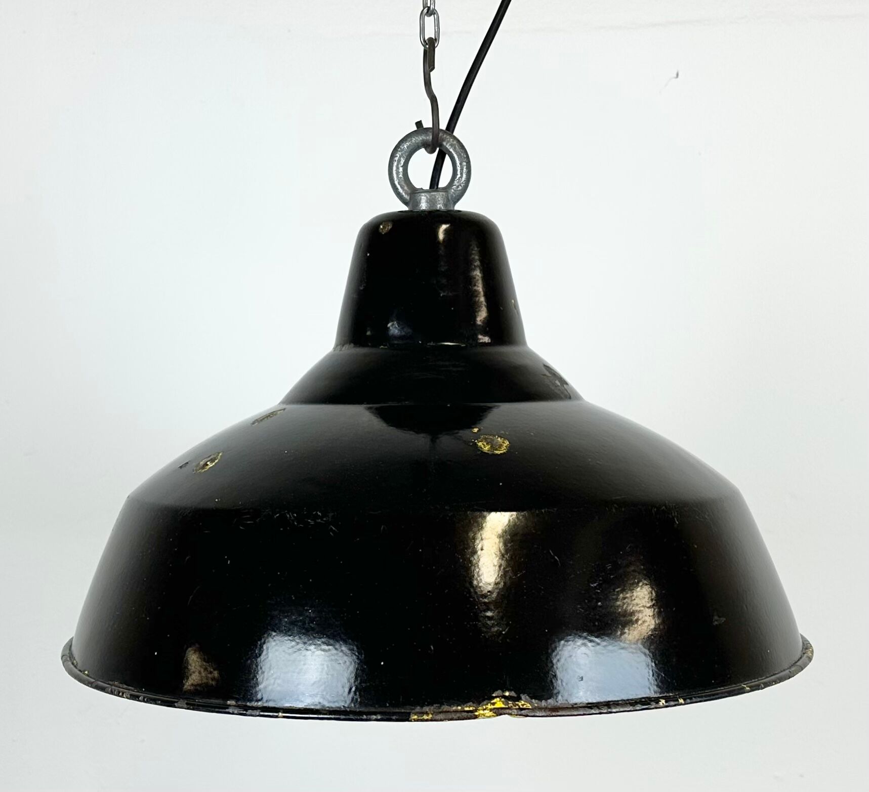 Industrial black enamel factory lamp with iron top, 1960s