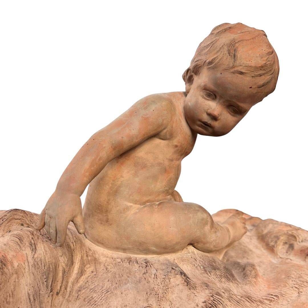 Sculpture "Putto on Lion Skin" in terracotta, Léon Dufrène, circa 1900 – France