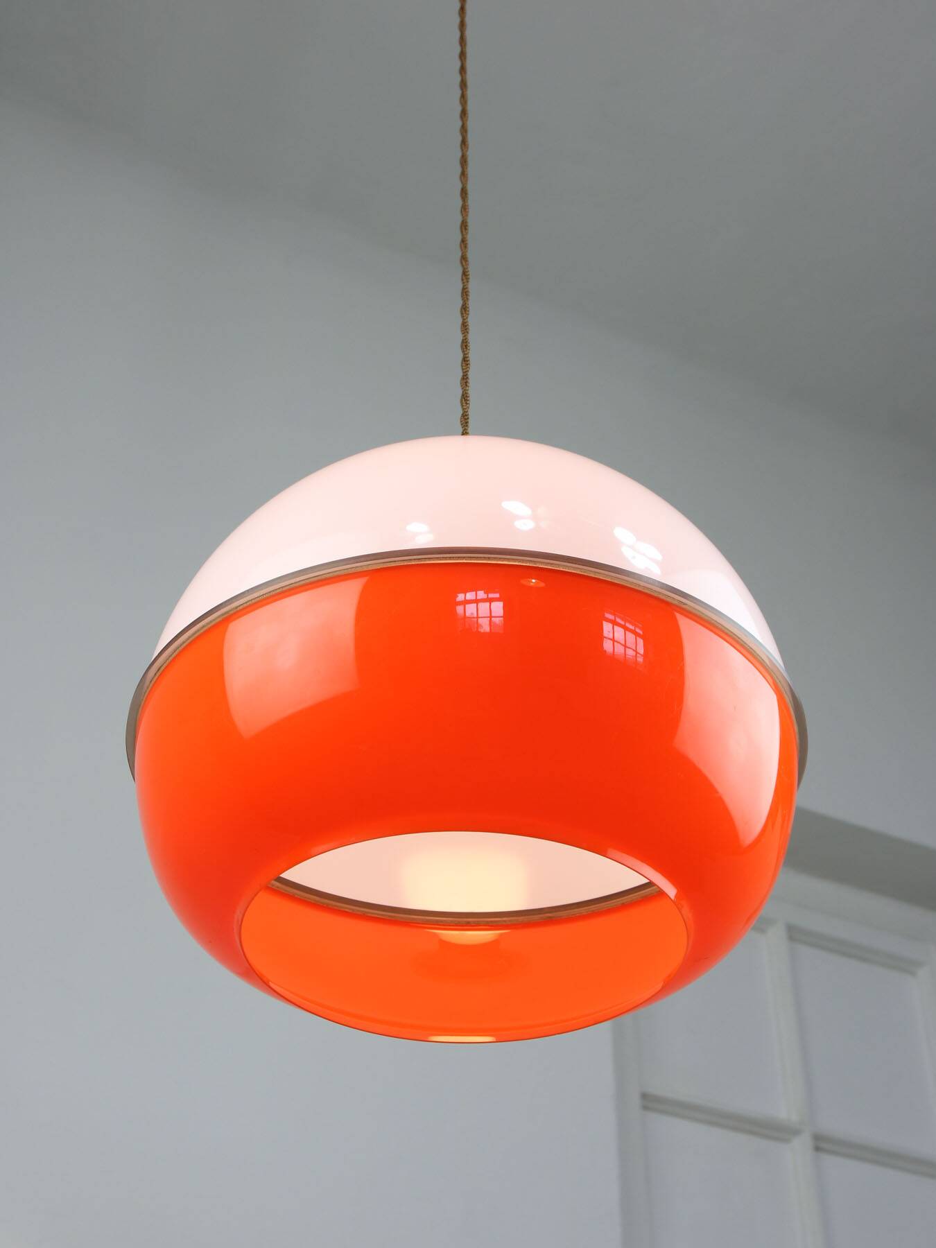 Space Age Italian Orange Plexiglass and Brass Pendant Lamp, 1970s
