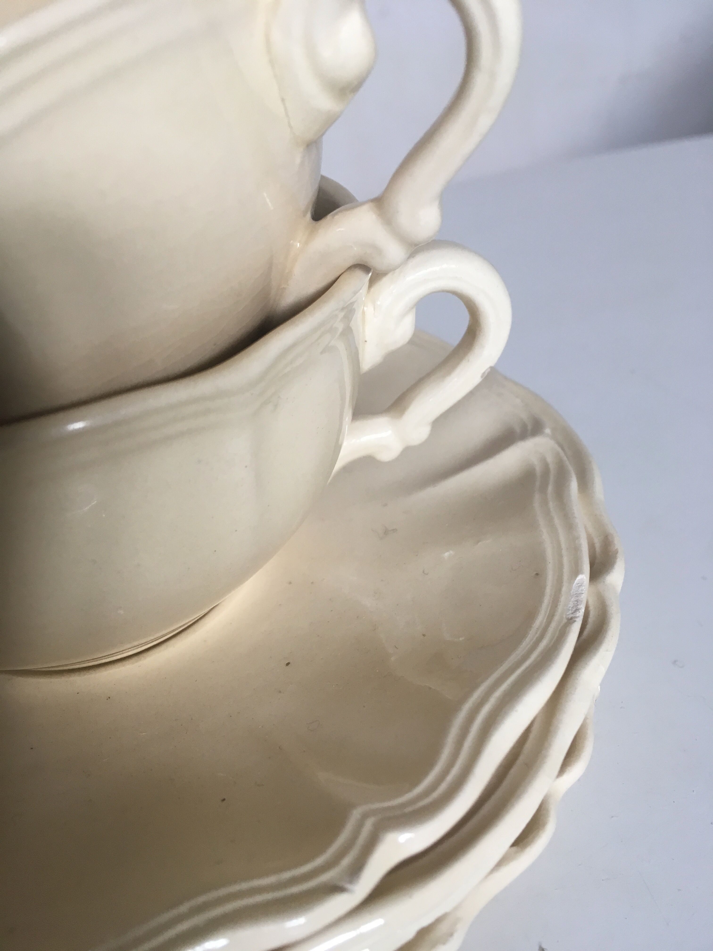 4 cups set in ivory faience from Sarreguemines to godrons
