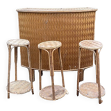 Bar and stools in rattan and chestnut
