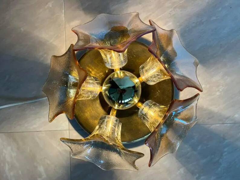 MidCentury Sputnik Flower Ceiling Flush Mount, Amber Murano Glass, Sische, 1960s