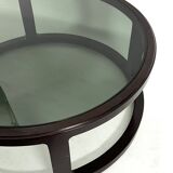 Italian Vintage Large Round coffee table in wood and fume glass. 1970s