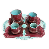 Ensemble ancien en barbotine majolique – plateau et 4 petits pots – Art Nouveau