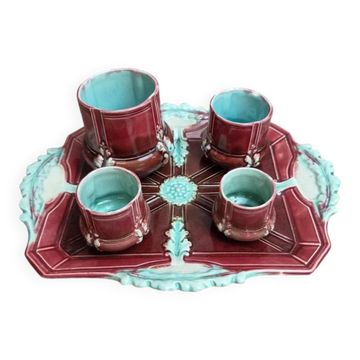Ensemble ancien en barbotine majolique – plateau et 4 petits pots – Art Nouveau