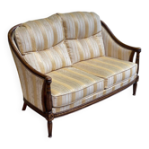 Canapé 2 places Louis XVI en tissu beige doré et bois massif courbé