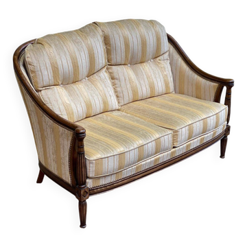 Two-seater Louis XVI canapé in golden beige fabric and curved solid wood.