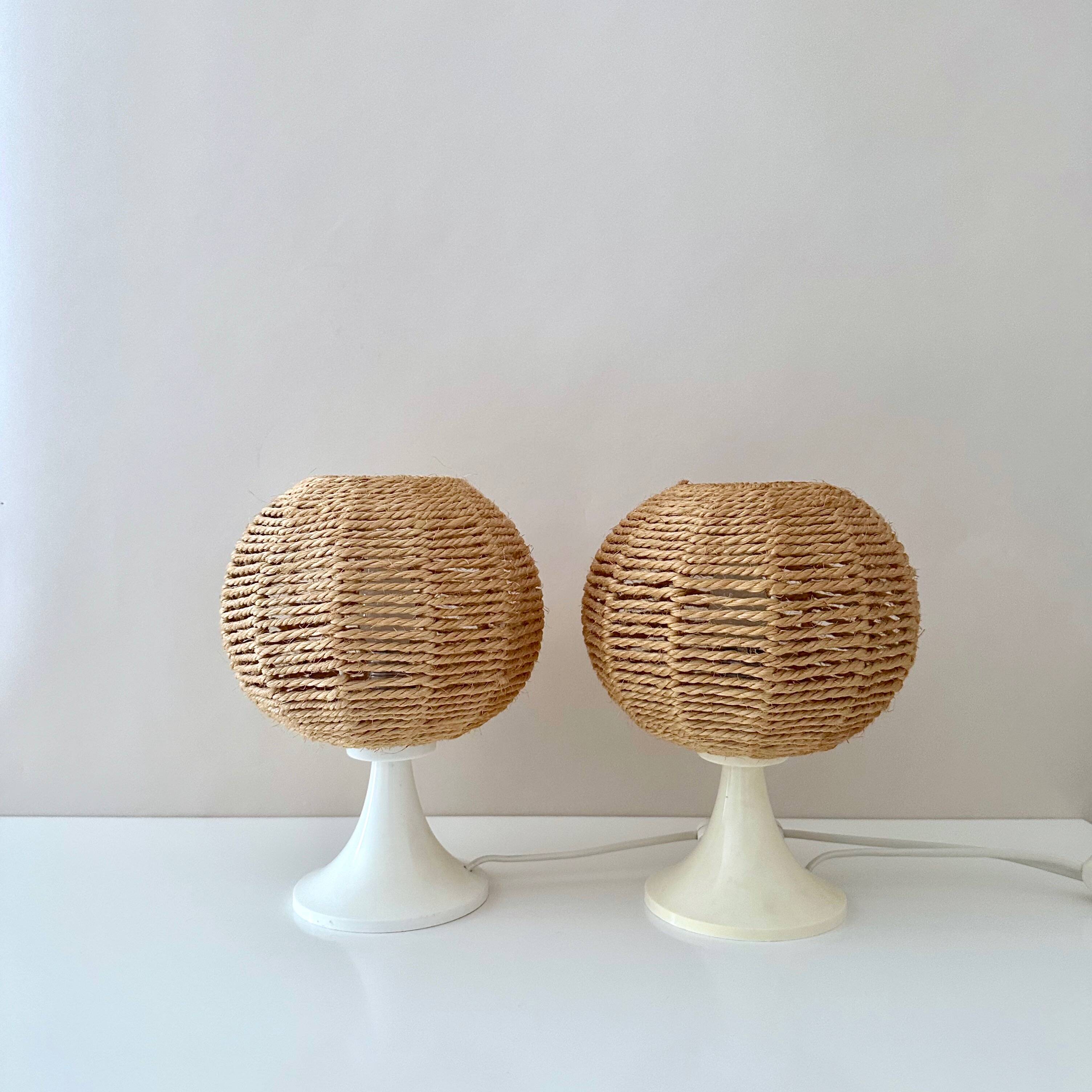 2 vintage table lamps, bedside lamp, sisal lamps, ball lamp, boho, mid-century interior
