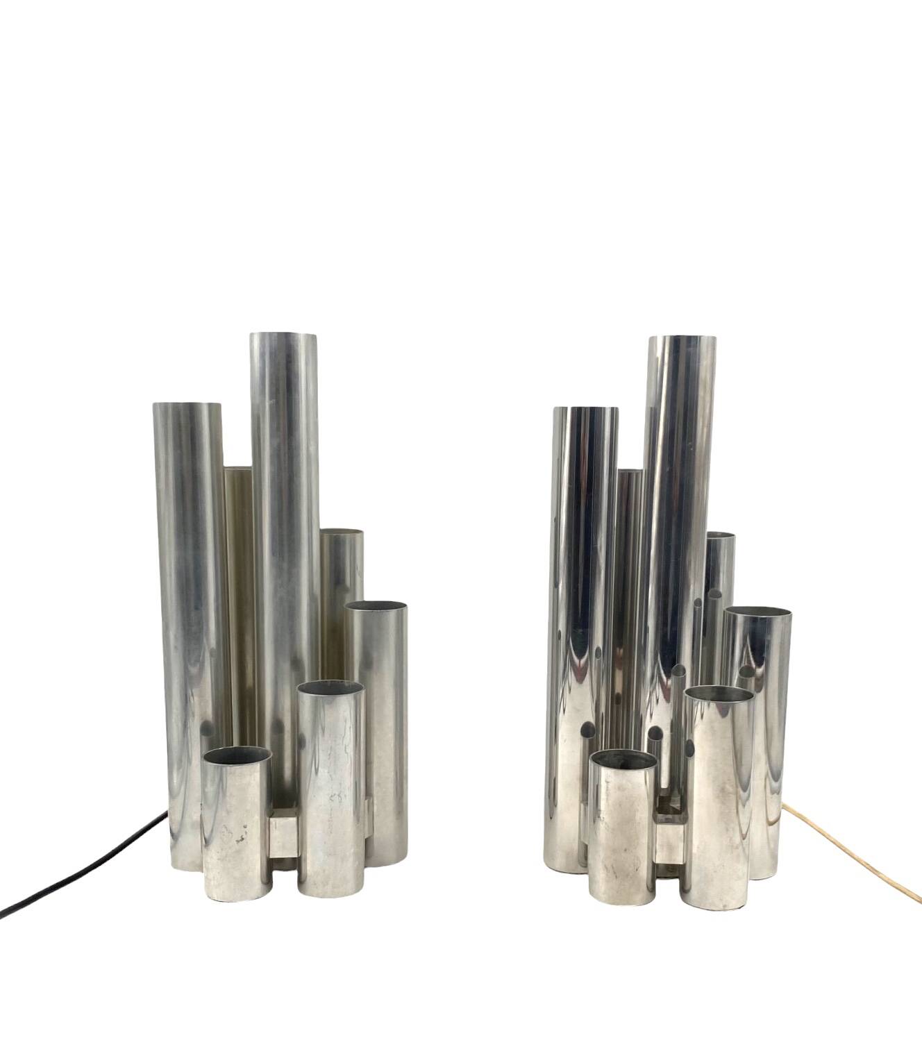 Hollywood regency set of 2 chromed table lamps, Sciolari Italy 1970s