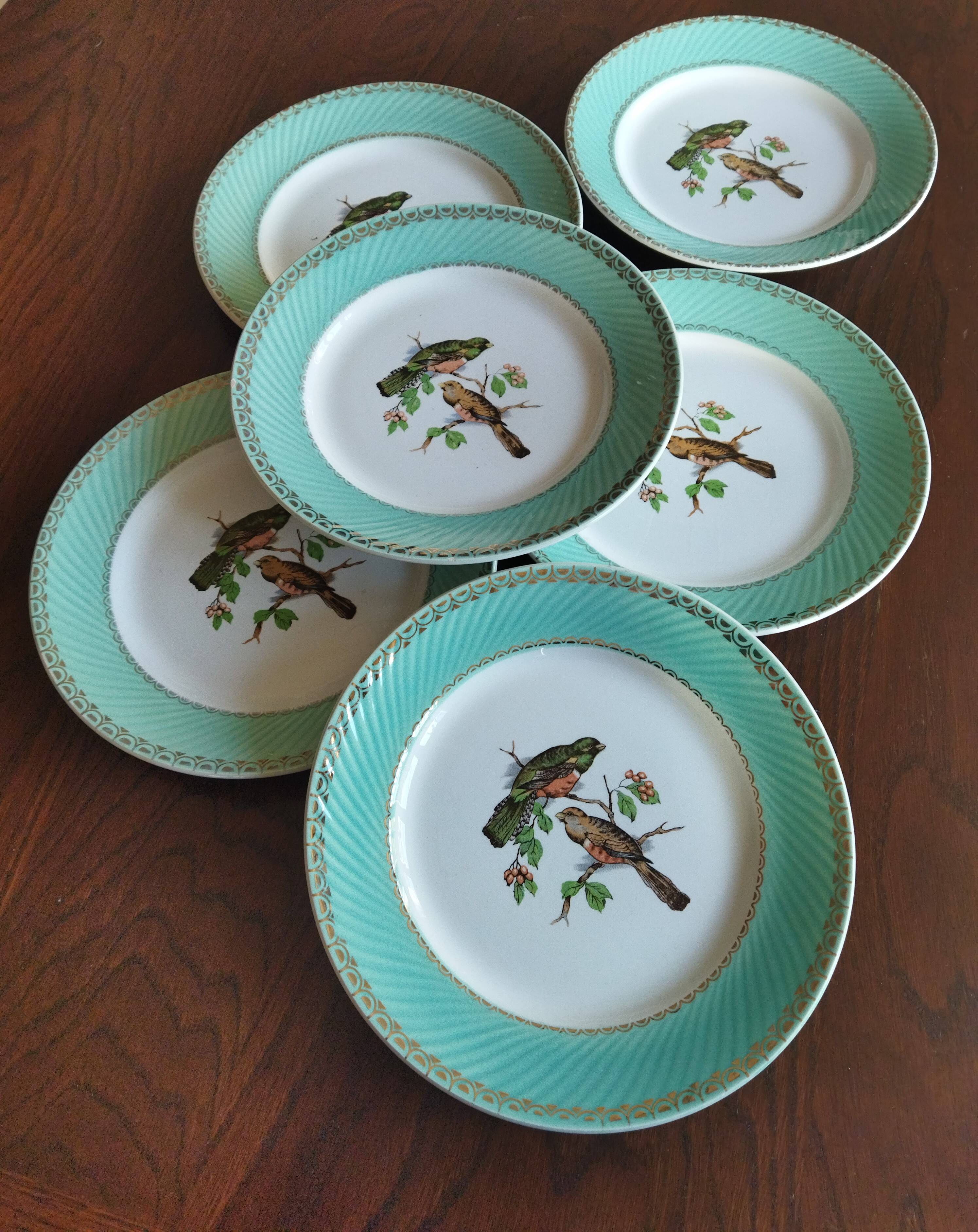 6 assiettes plates Fenal Badonviller "Oiseaux" vintage années 1950