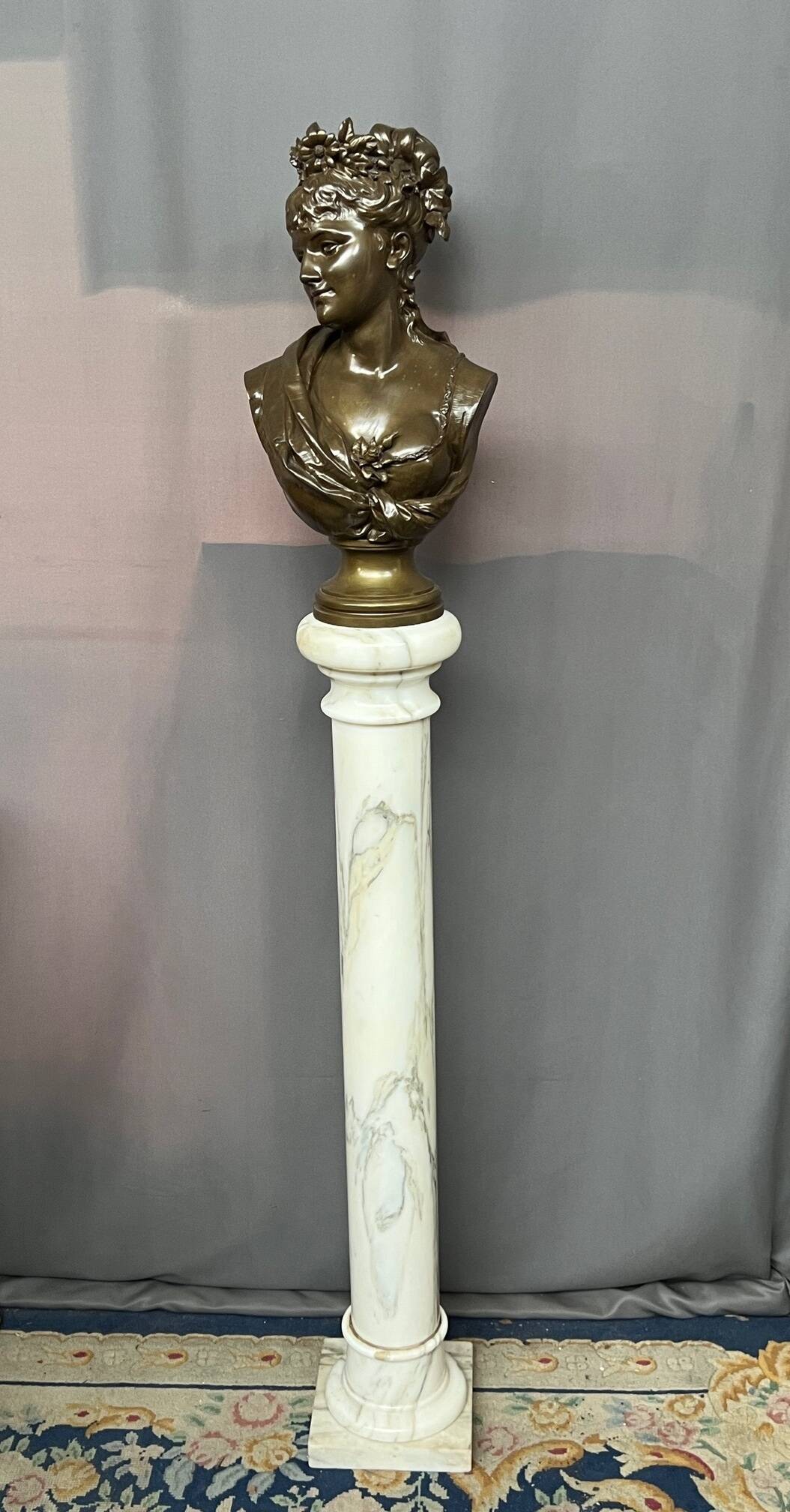 Léopold Harzé (1831–1893). Bronze bust of a young woman on a marble base. Belgium. Dated 1878.