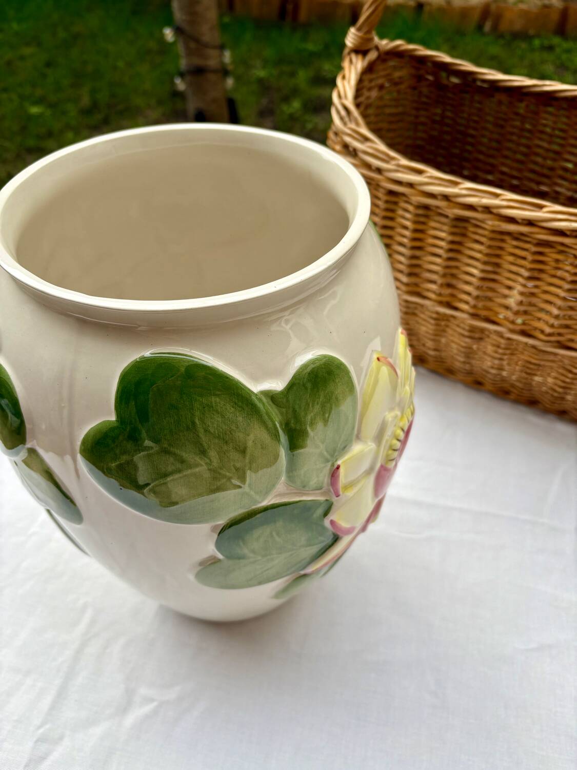 Large lotus or water lily barbotine vase