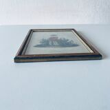 Framed antique engraving, harvest scene