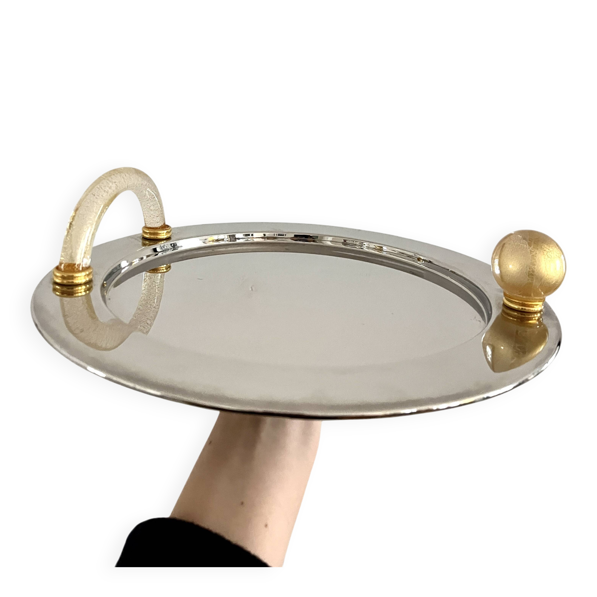 Vintage Palladium-Plated Serving Tray with Murano Glass Handles, Italy, 80s