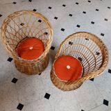 Set of 2 vintage 1970s rattan children's armchairs with orange cushions