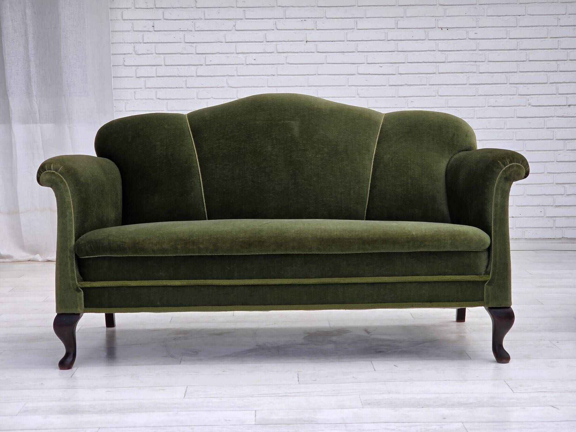 1950s, Danish 2-seater sofa, green furniture velour, ash wood legs.