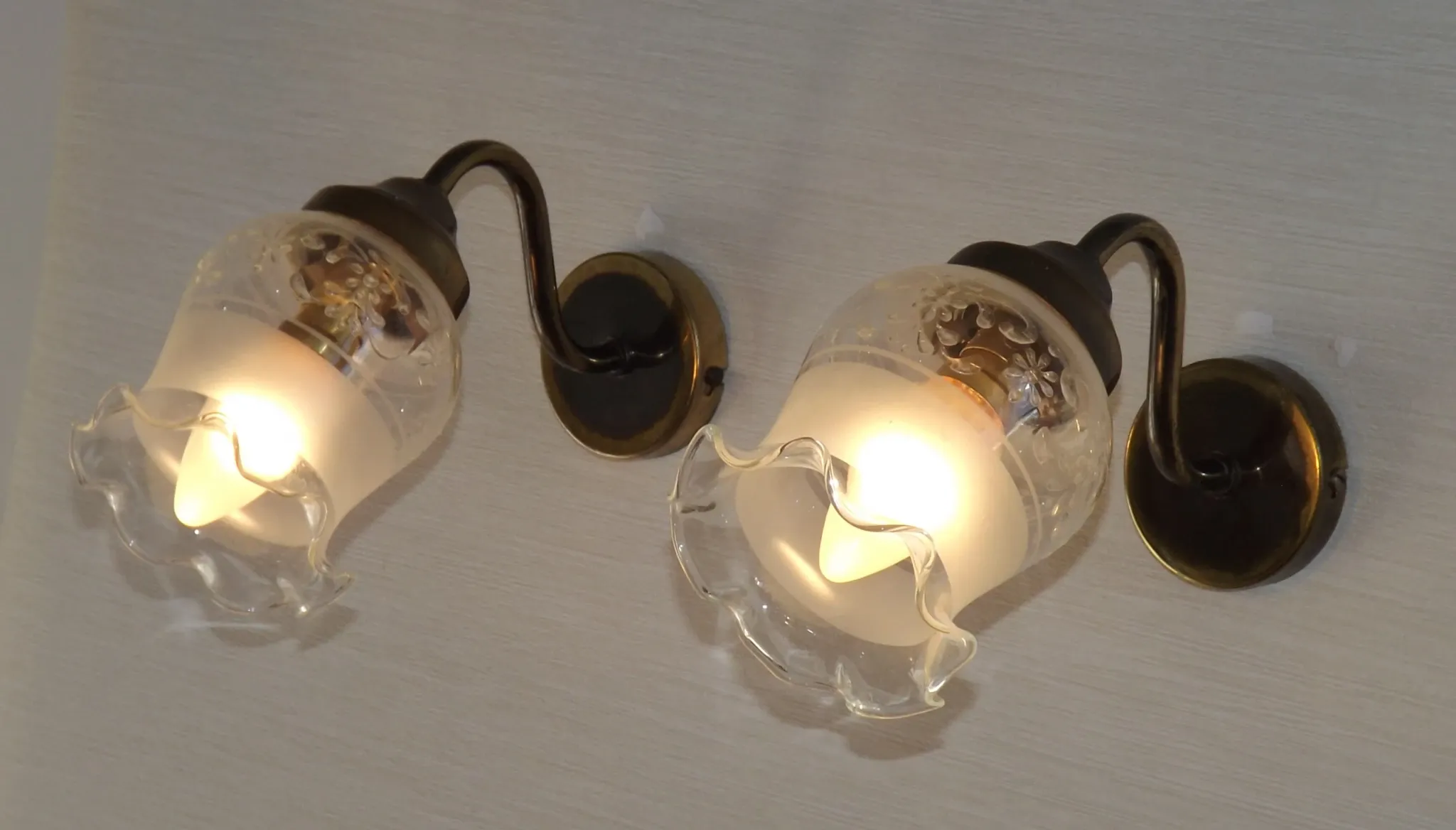 Pair of French Vintage Bronze Effect Metal Wall LIghts Floral Glass Shades