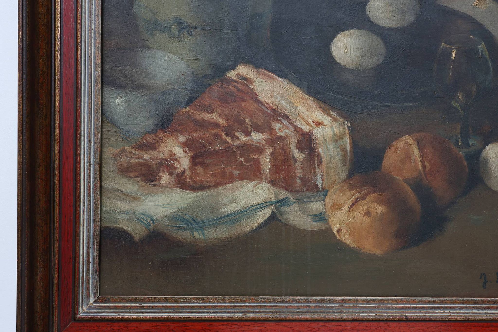 Flemish realist still life with ham, eggs and bread, signed and dated