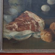 Flemish realist still life with ham, eggs and bread, signed and dated