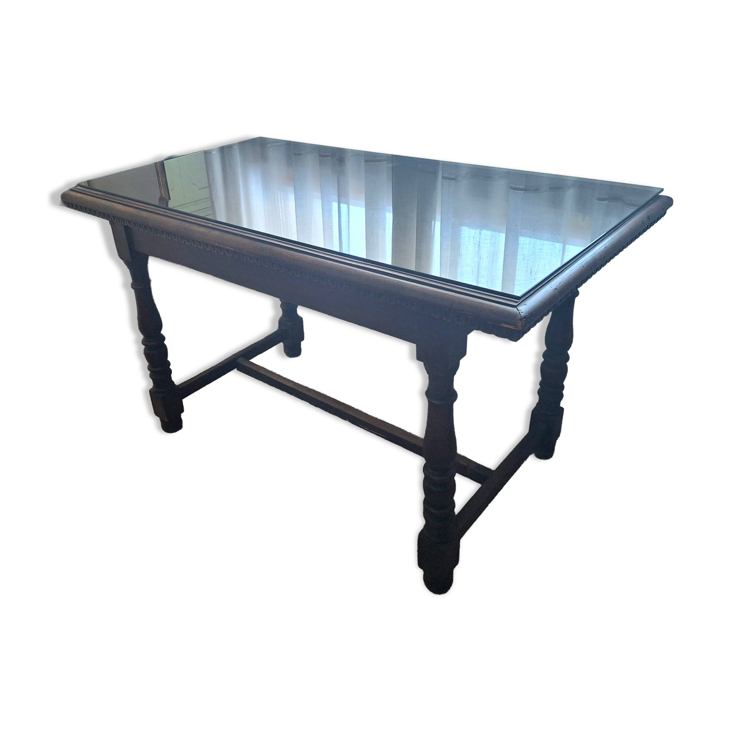 1960s Italian wooden table with a glass top.