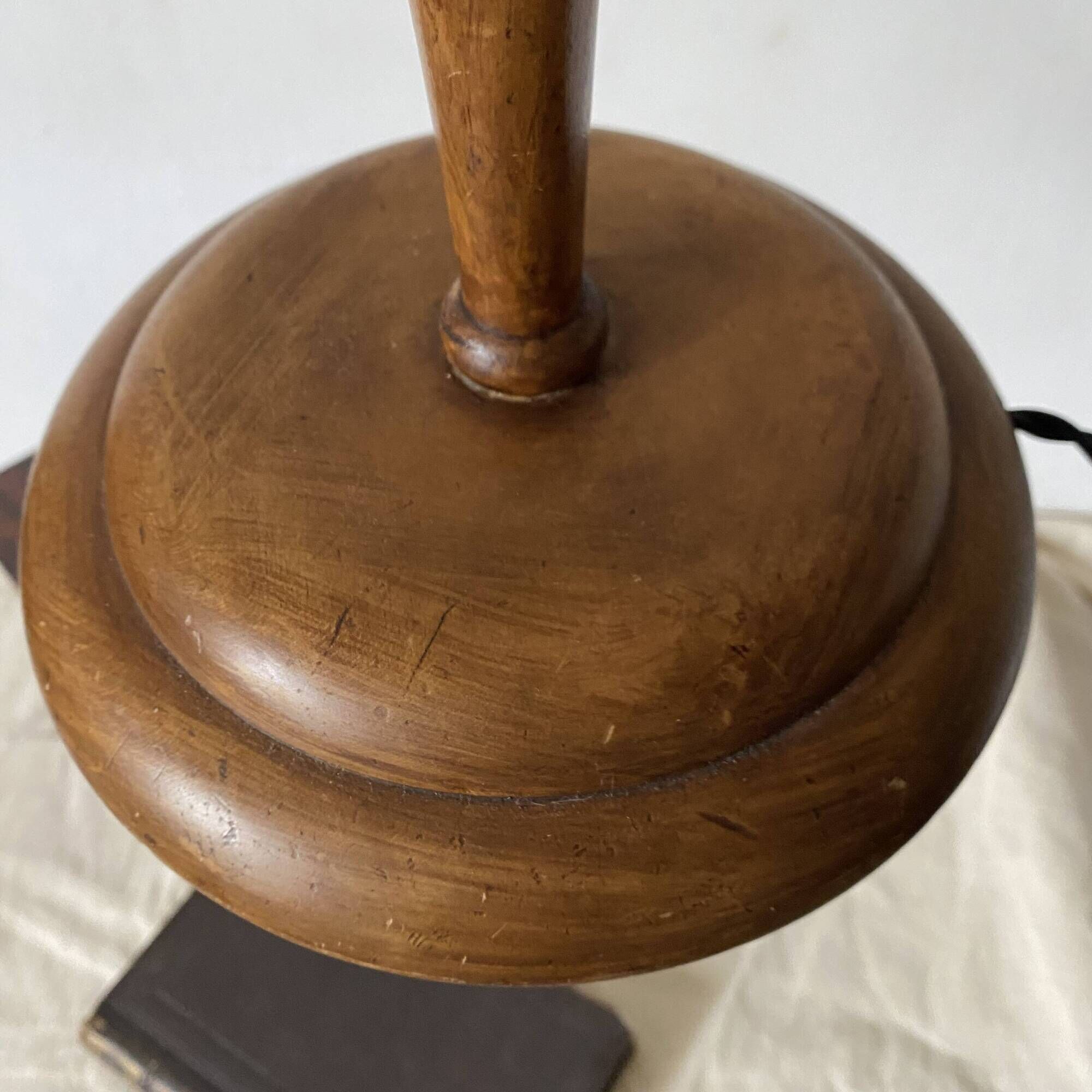 Large Art Deco lamp in Mazda style made of turned wood and opaline.