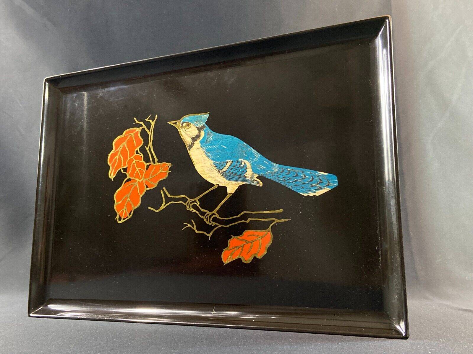 Tray in satin black resin with bird decoration 1970