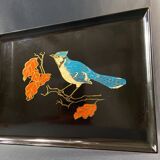 Tray in satin black resin with bird decoration 1970
