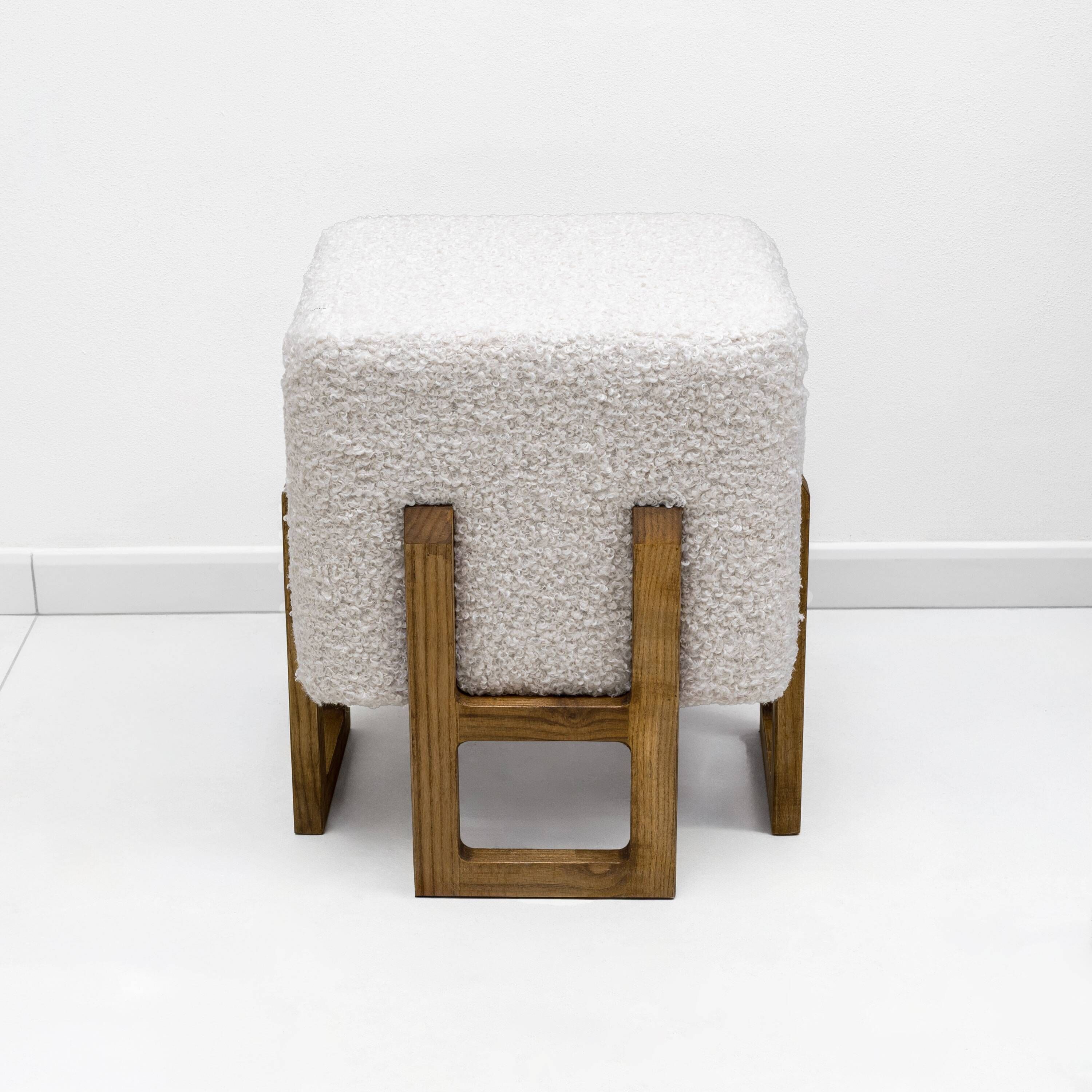 Pair of Italian Modernist Ash Wood Stools Upholstered in White Bouclé