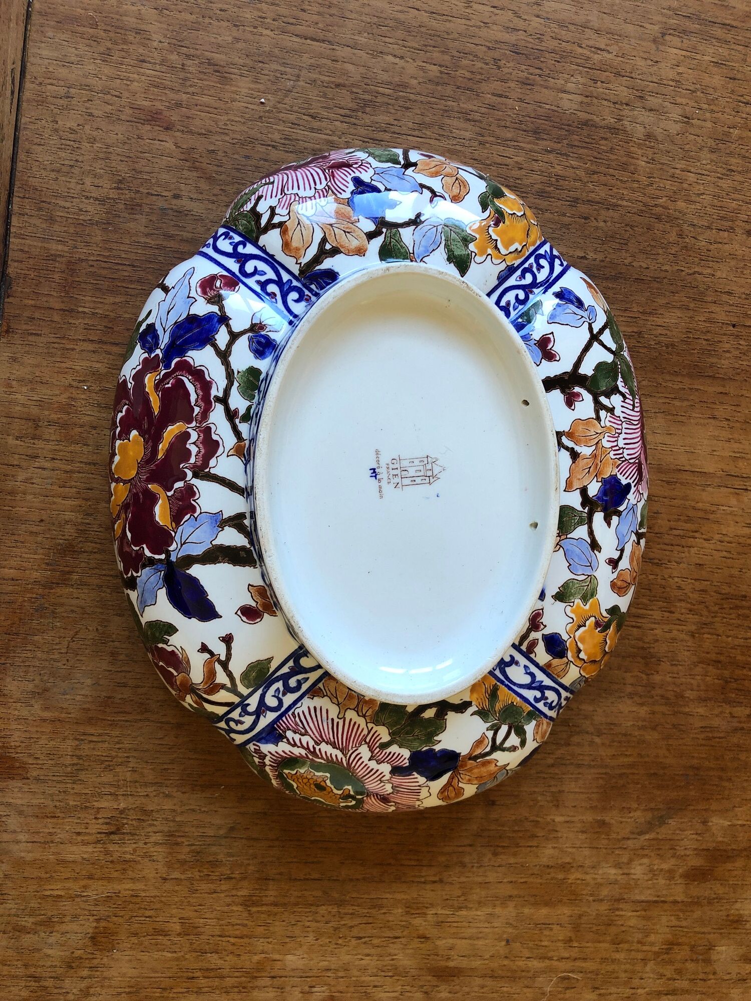 Ceramic hollow dish gien France decoration flowers peony hand painted