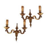 Pair of old Art Deco double lights appliques in bronze
