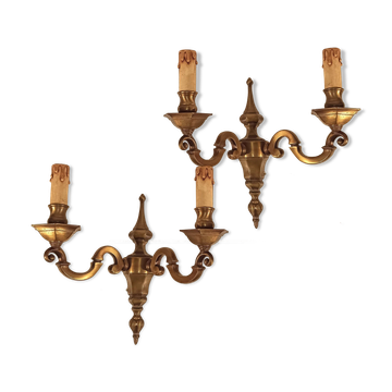 Pair of old Art Deco double lights appliques in bronze