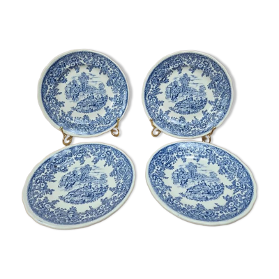 Lot de 4 assiettes à dessert vintage Lunéville modèle English – décor Toile de Jouy bleu