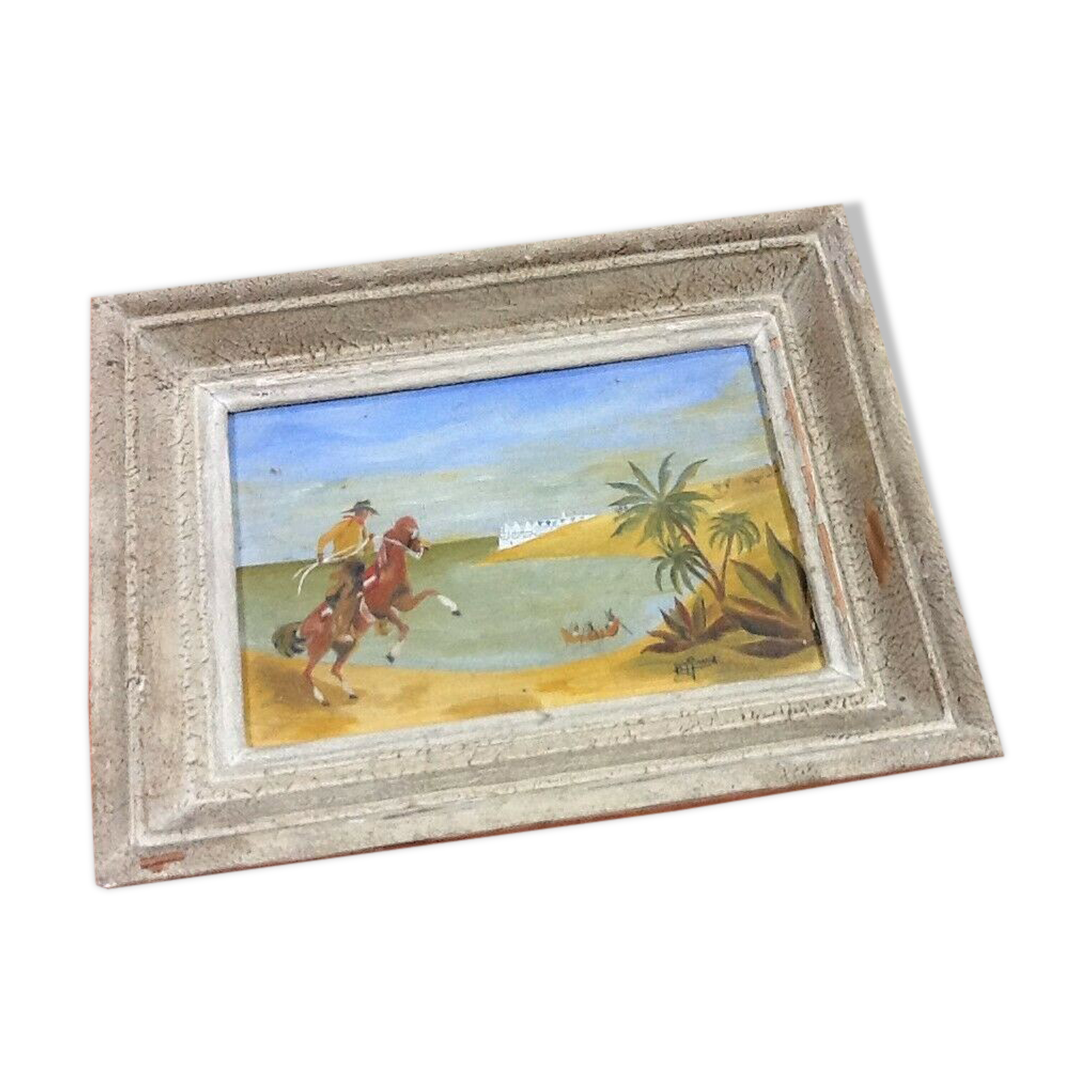 Oil table on panel 1940s Scene Cow boy on horseback, oasis...
