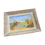 Oil table on panel 1940s Scene Cow boy on horseback, oasis...