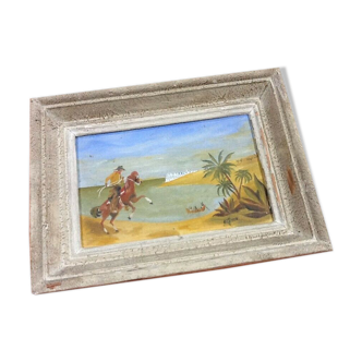Oil table on panel 1940s Scene Cow boy on horseback, oasis...