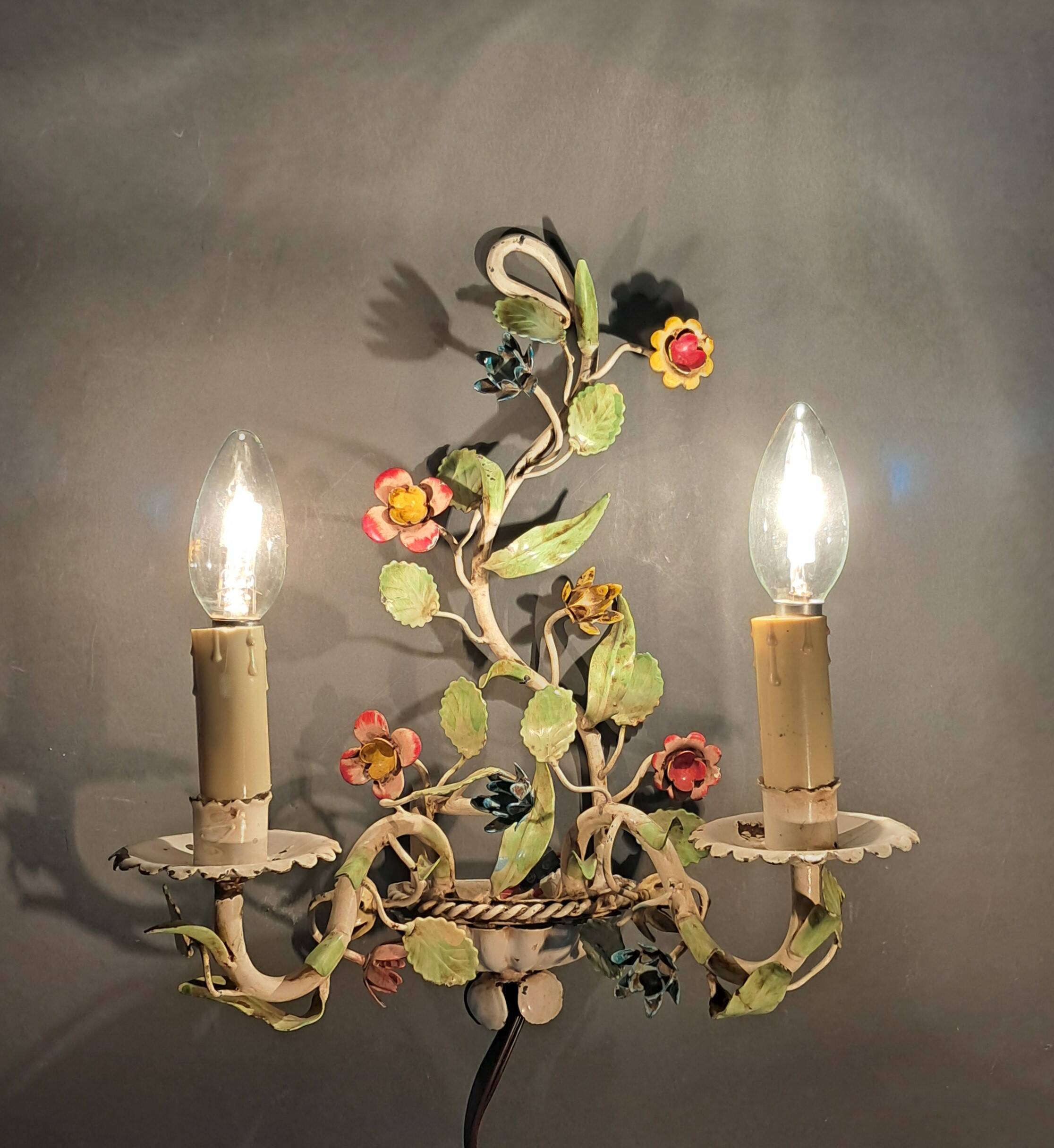 Two-light polychrome painted wrought iron wall lights, Italy 1950/1960.