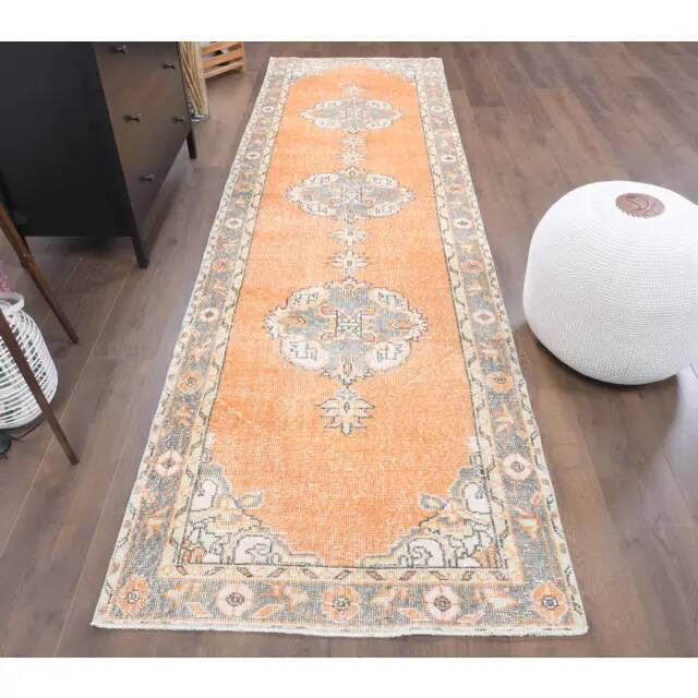 Vintage Turkish Oushak Handmade Wool Cotton Orange Runner Rug 101x339