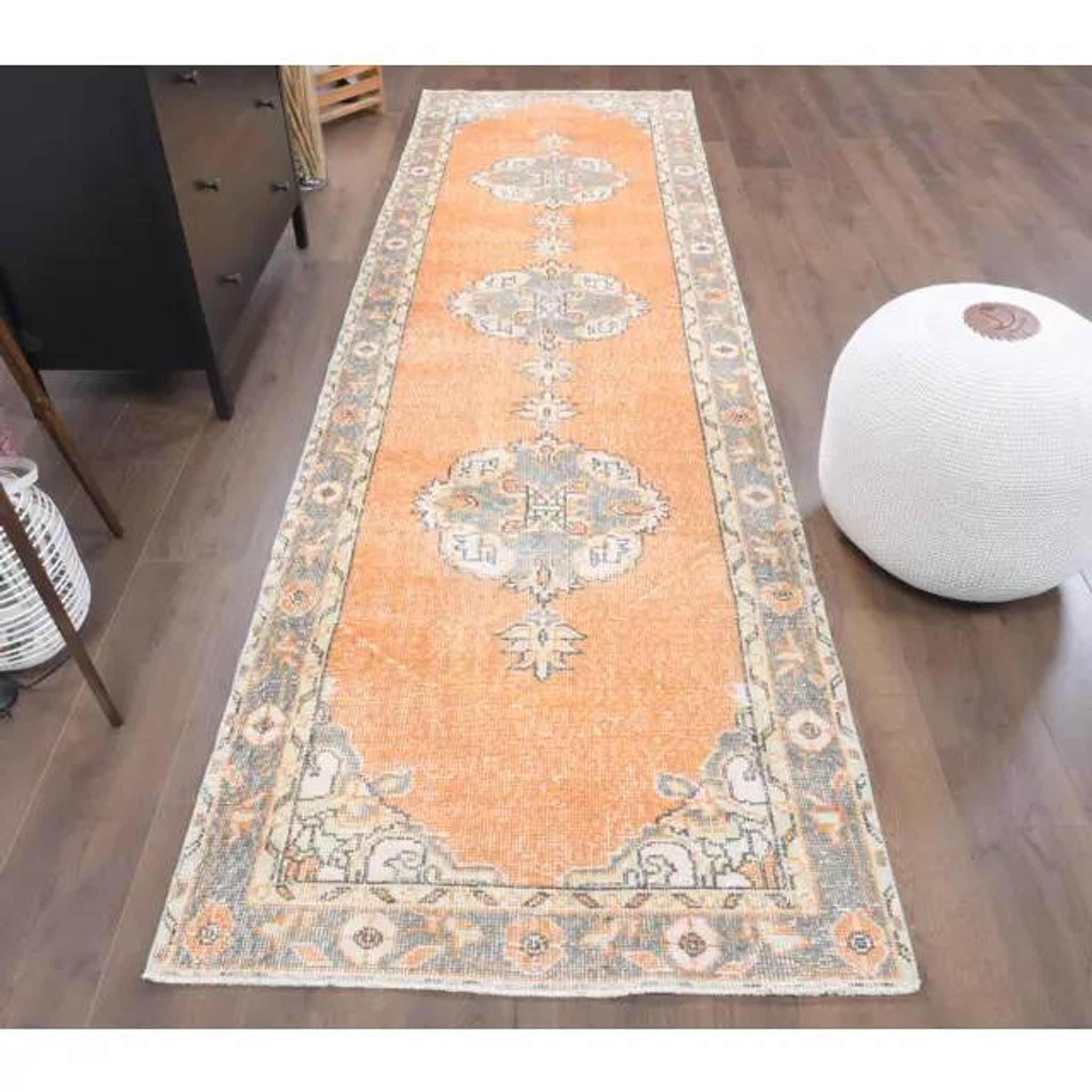 Vintage Turkish Oushak Handmade Wool Cotton Orange Runner Rug 101x339
