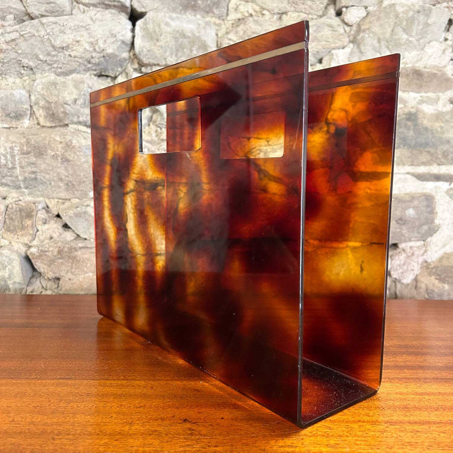 Magazine holder in plexiglass and brass from the 70s