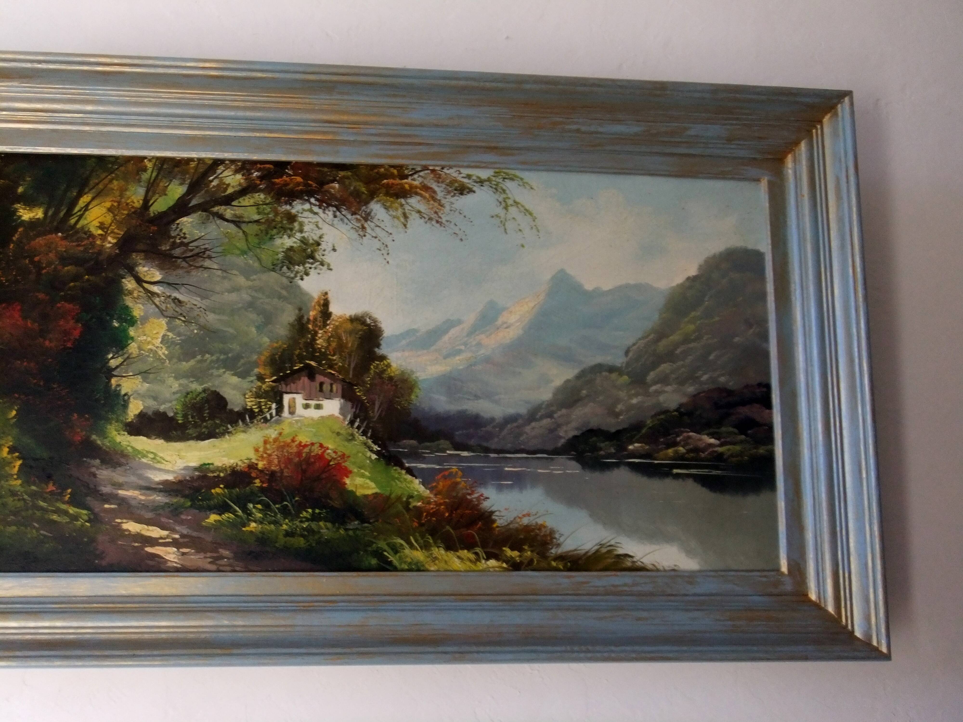 Tableau peinture à l'huile paysage signé Vernon cadre bleu gustavien et or