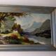 Tableau peinture à l'huile paysage signé Vernon cadre bleu gustavien et or
