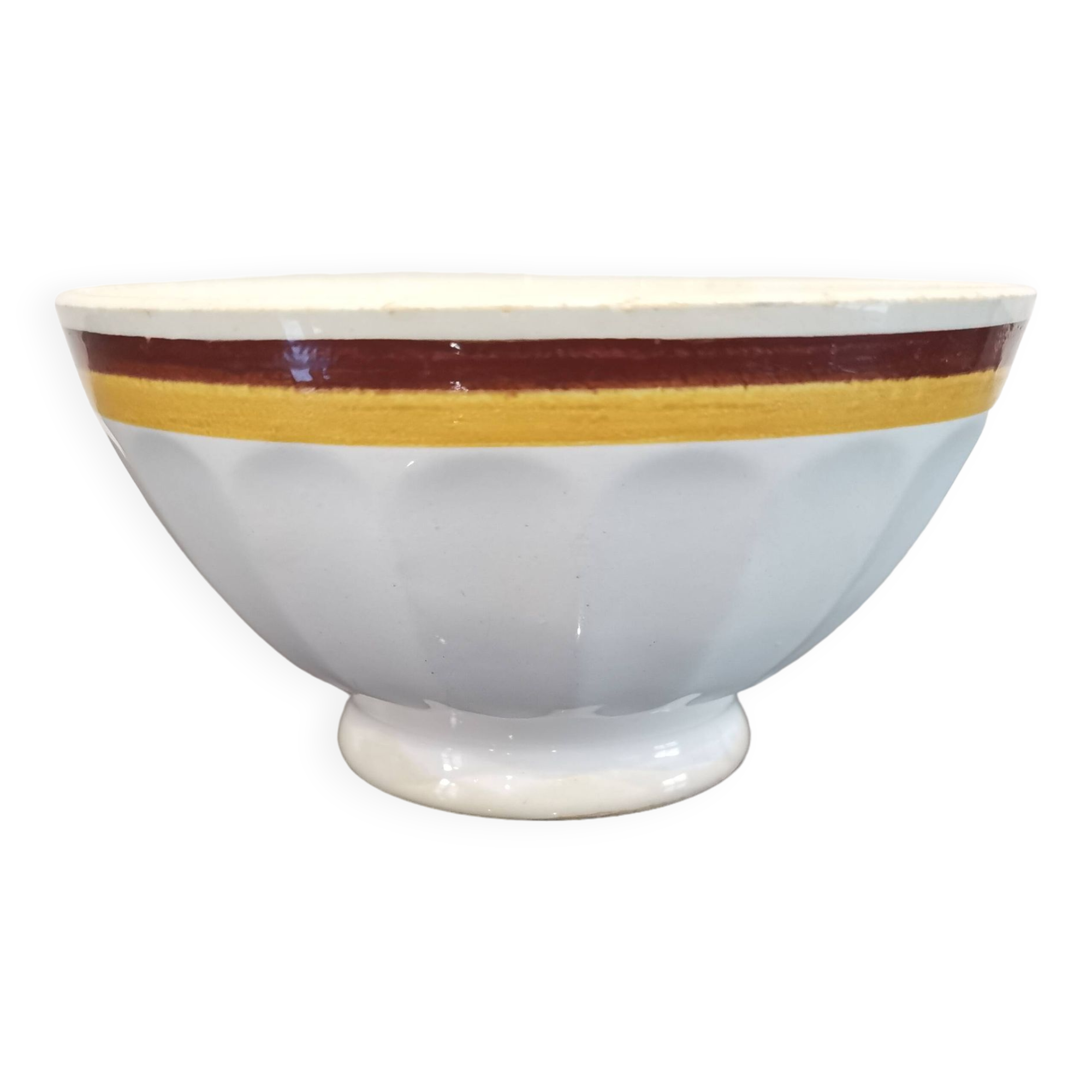 Authentic Vintage ceramic faceted bowl decorated with a double border