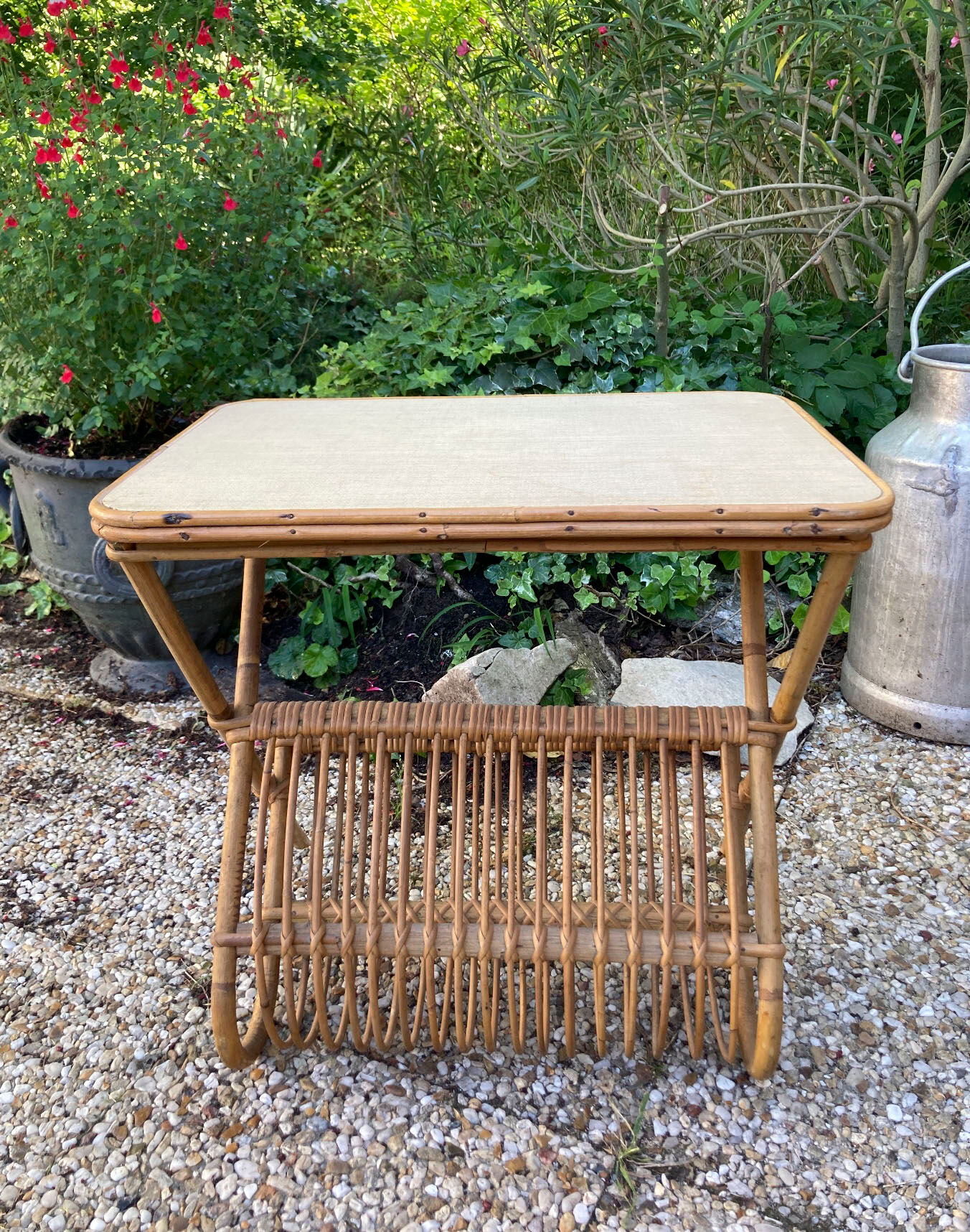 Vintage rattan magazine holder table
