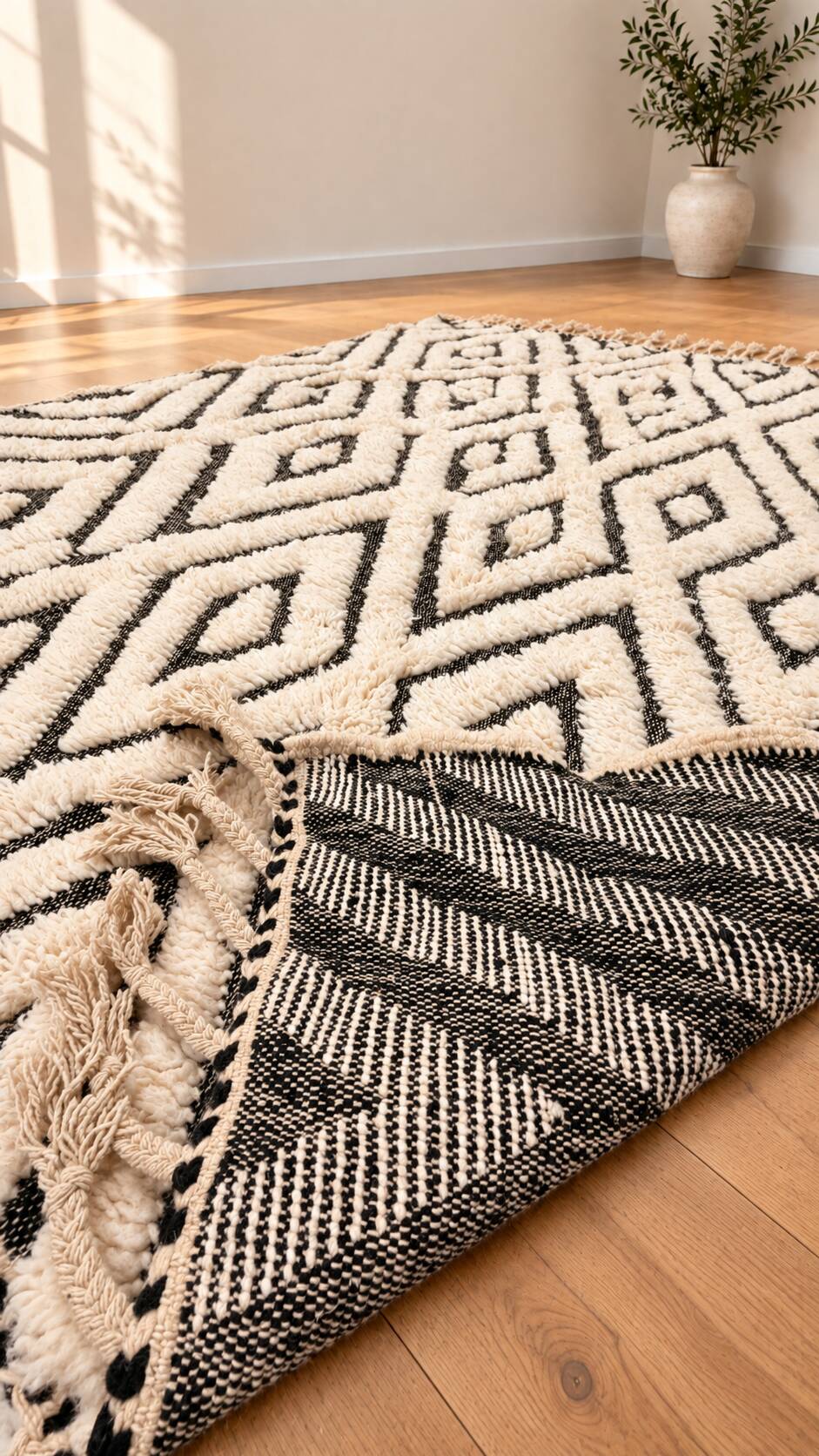 Tapis berbère en laine écrue à motifs noirs