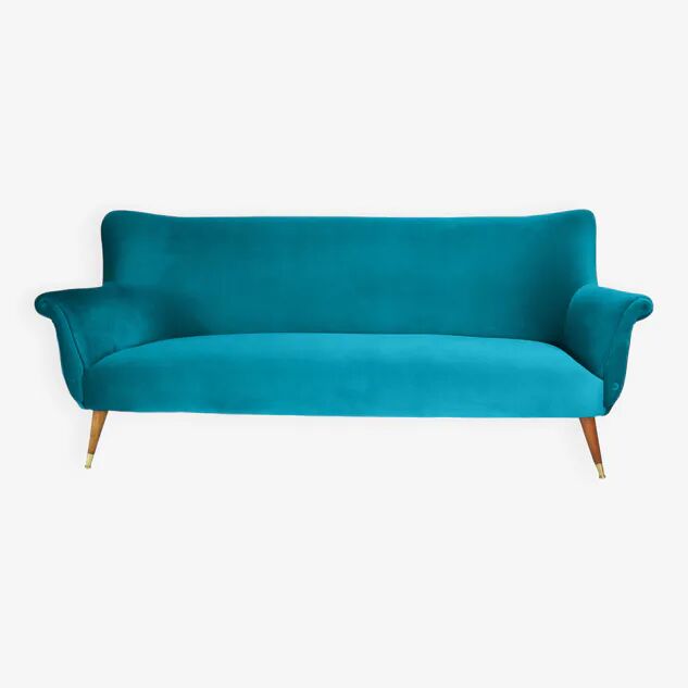 Turquoise velvet 3-seater sofa, 1960s, restored.
