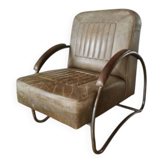 Bauhaus style armchair, vintage leather and steel decor, 1920s