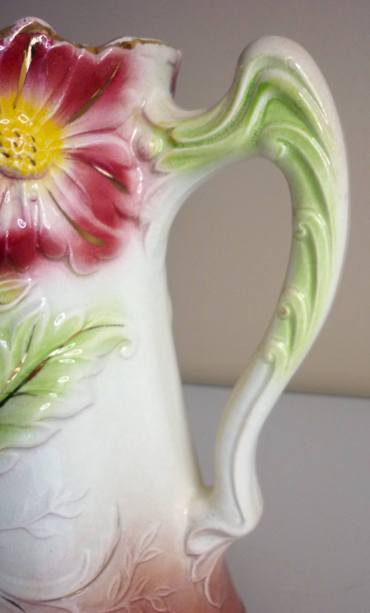 Barbotine pitcher, Onnaing earthenware, art nouveau ceramics, model no. 790