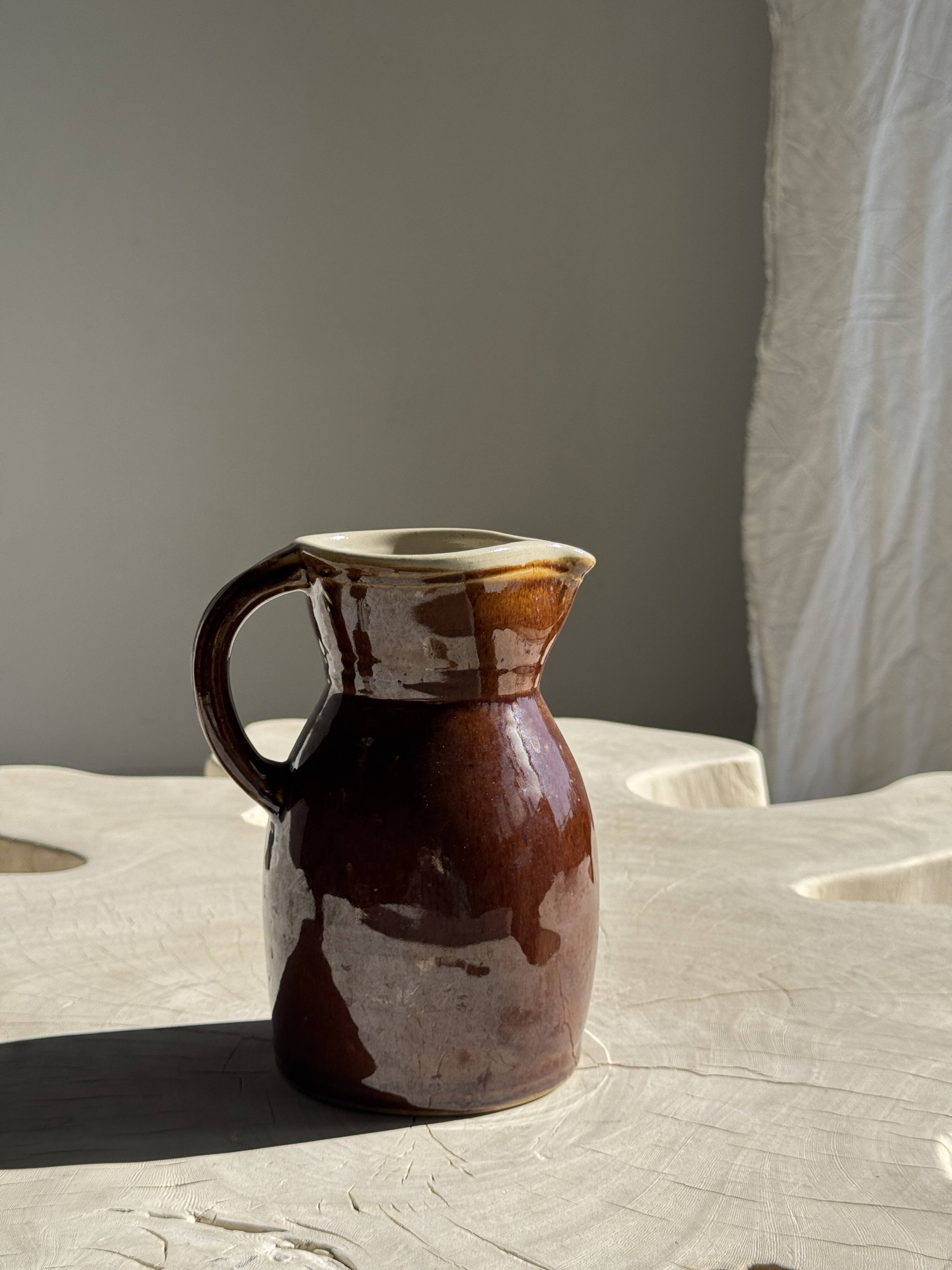Large brown glazed stoneware jug Grès du Berry Made in France H19